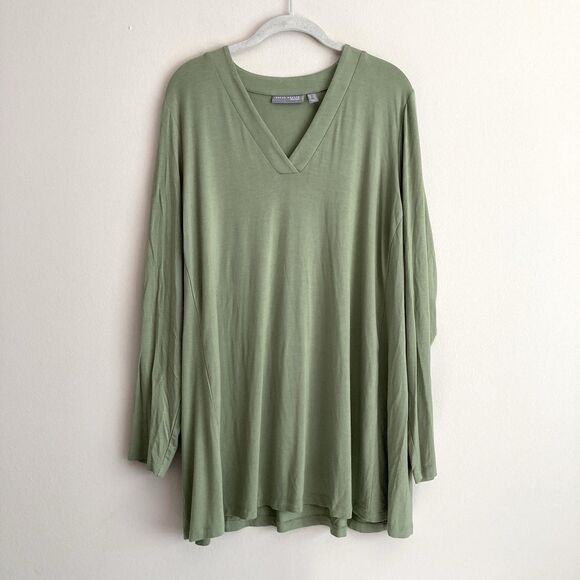 Susan Graver Lifestyle Womens Plus V-Neck Tunic Top Green Size 2X Soft Knit - Picture 1 of 9
